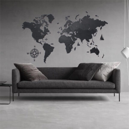 Drewniana Mapa Świata 2D w kolorze "Grafitowy antracyt" | LosokaWood.com