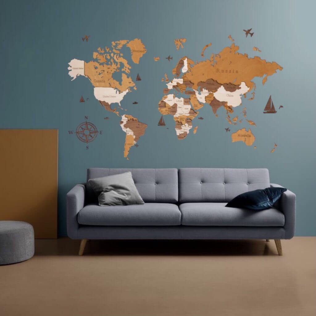 drewniana mapa świata na ścianę
