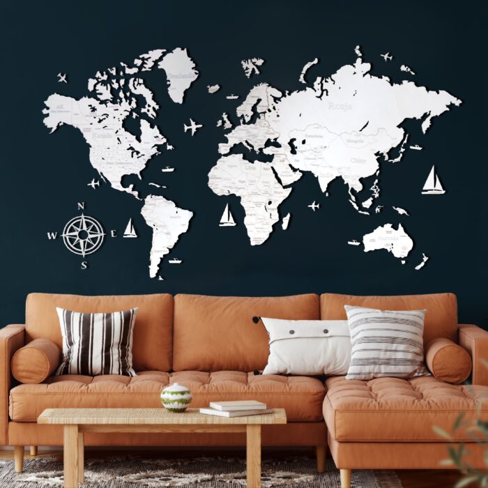 Śmietankowa biel - drewniana Mapa Świata 2D | LosokaWood.com