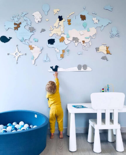Drewniana Mapa Świata dla dzieci - niebieska | LosokaWood.com