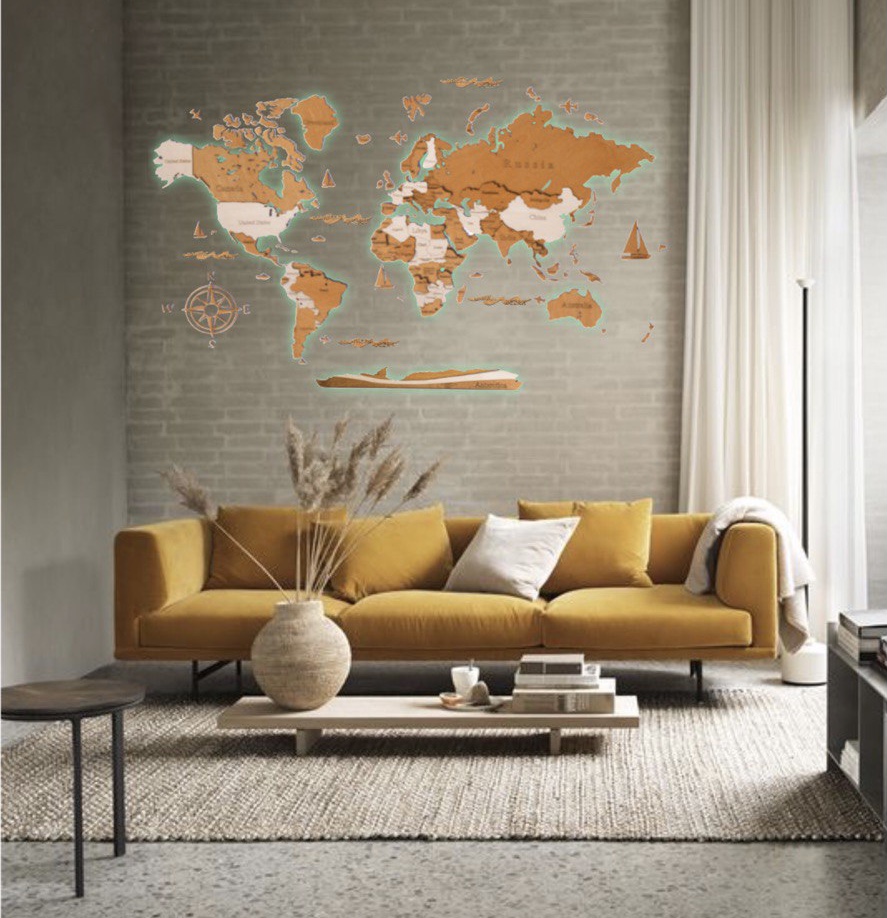 drewniana mapa świata na ścianę beżowa LOSOKAWOOD