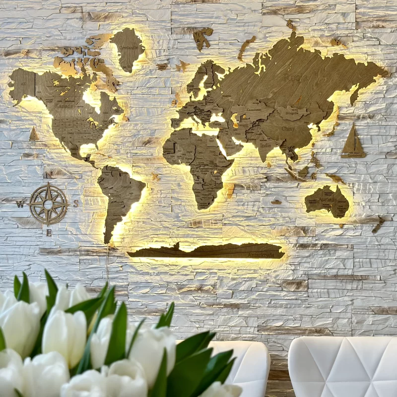 Drewniana mapa świata 3D wzór nr XXI z podświetleniem LED