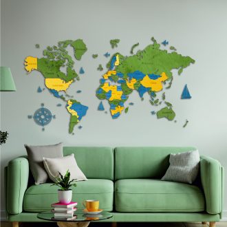 Drewniana Mapa Świata 3D Zielony-żółty-niebieski M